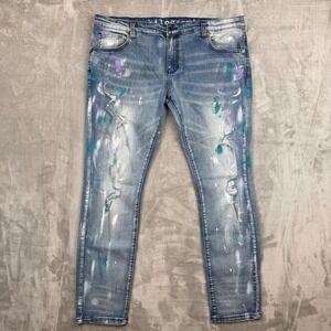 Kilogram Mens 40 Distressed Paint Splatter Skinny Jeans Light Wash Blue Ripped